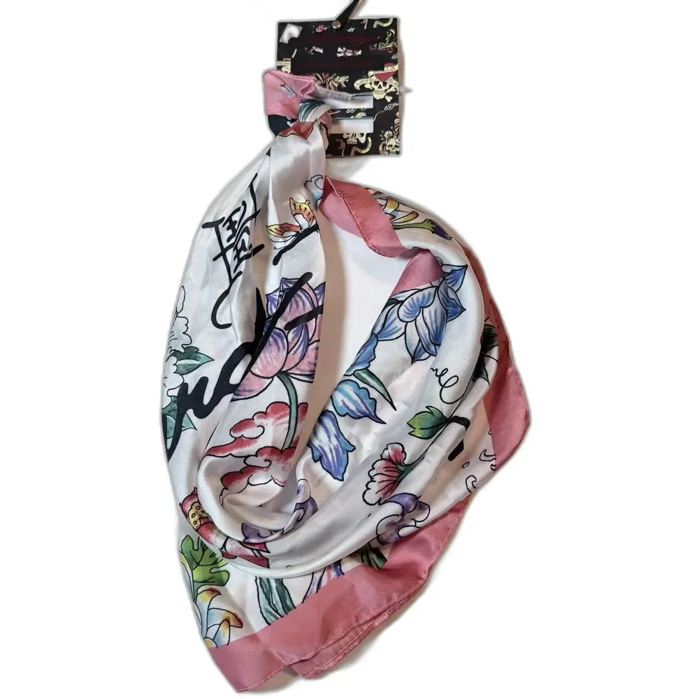 Ed Hardy Y2K Flowers Butterflies Logo Print Scarf NWT